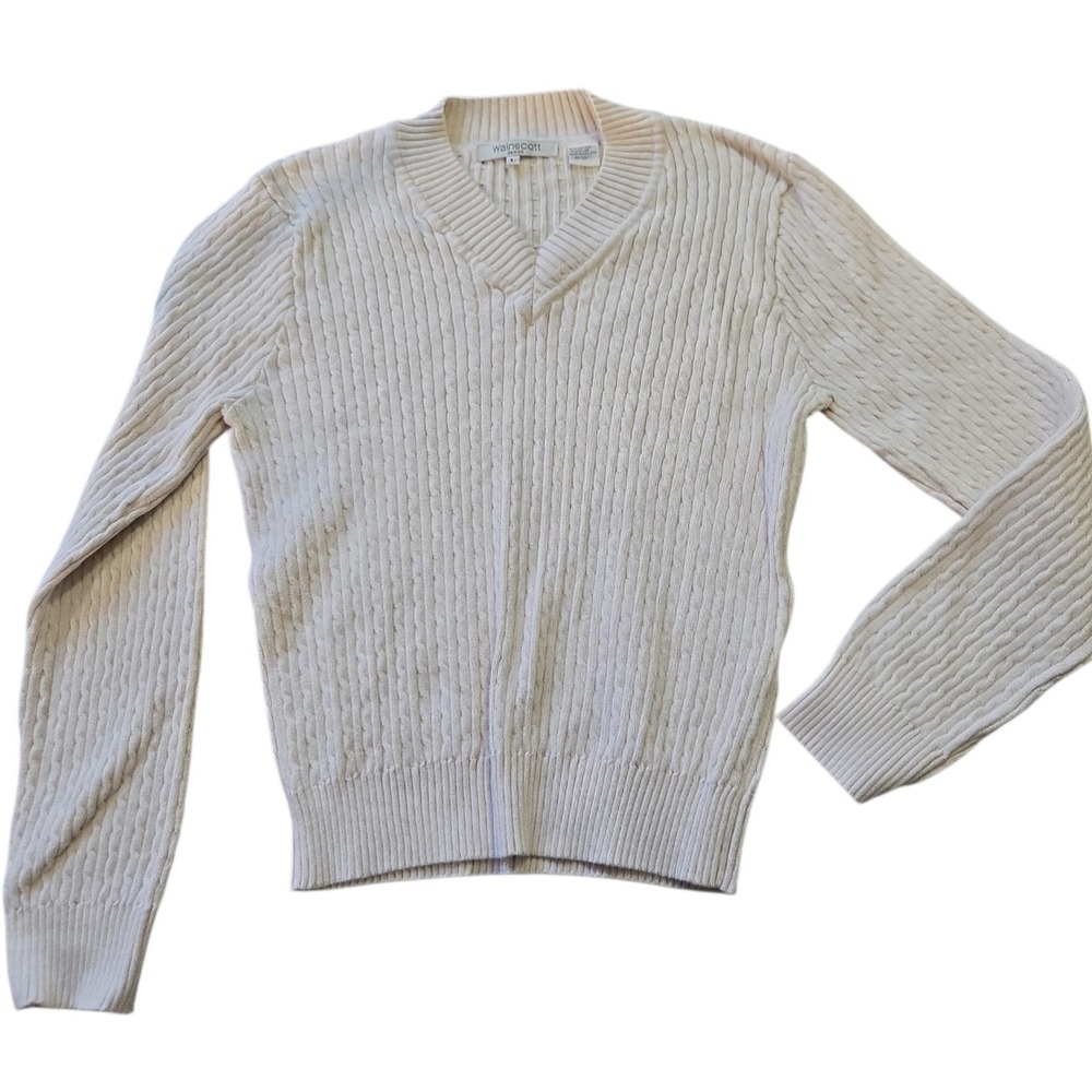 Wainscott Petite Cream Cable Knit V-Neck Sweater Cotton Blend Size L Long Sleeve